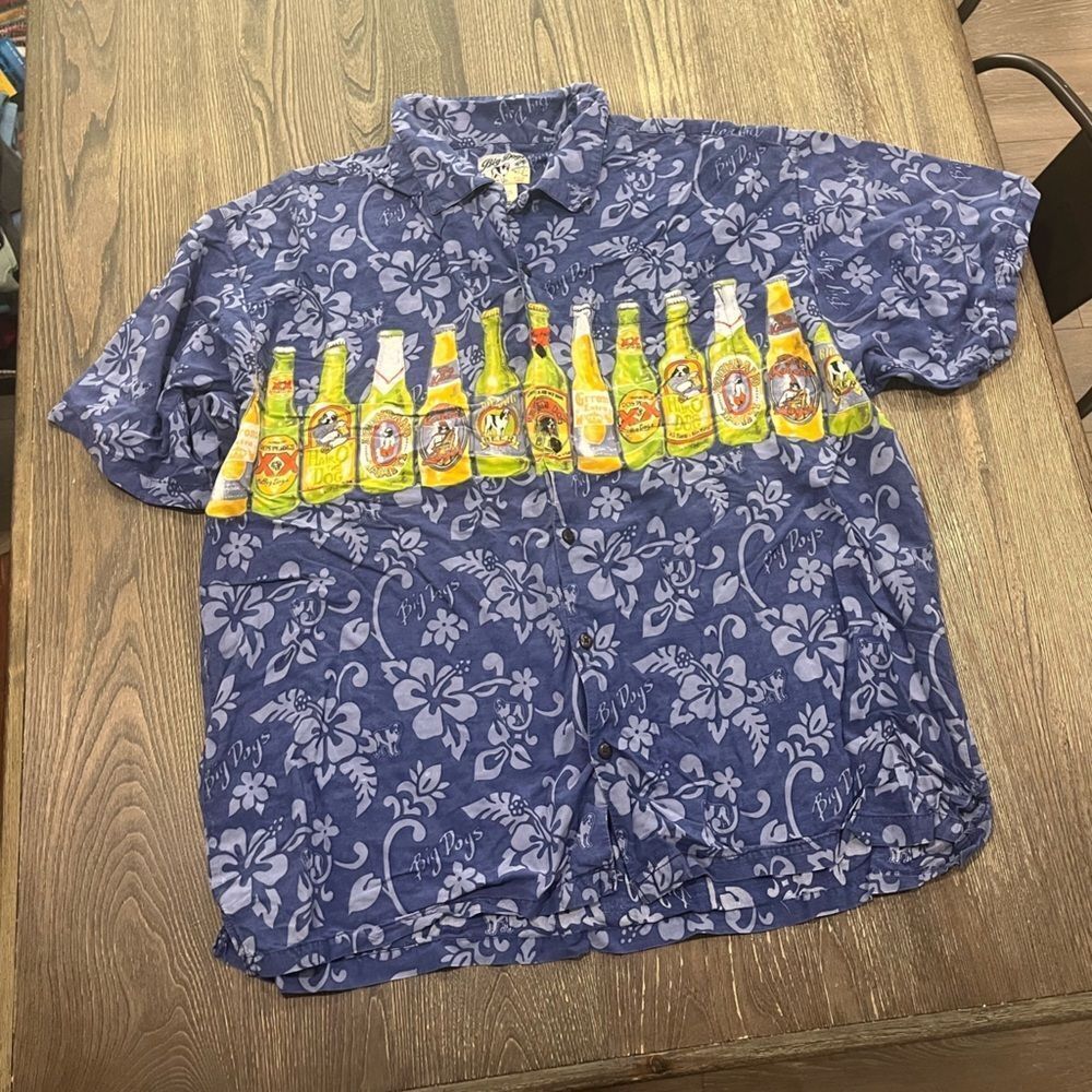 Big Dogs Shirt Hawaiian Button Up Beer Bottles Aloha Floral Print Bue Size 3X